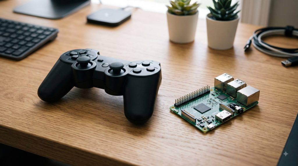 PS3 controller beside a Raspberry Pi on a desk, ready to connect wirelessly