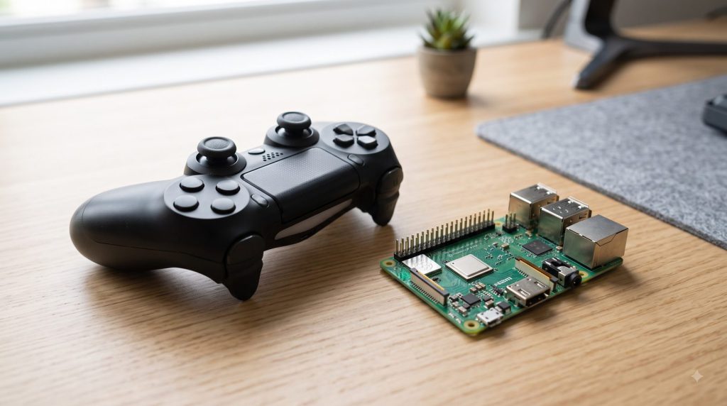 PS4 controller beside a Raspberry Pi, ready to pair over Bluetooth