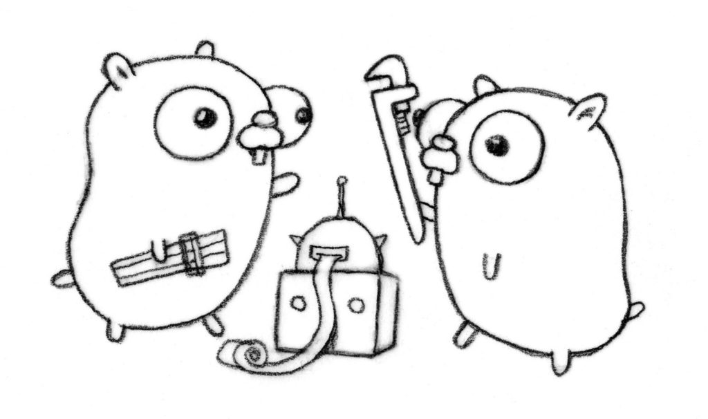 Go gopher mascots with tools, illustrating how to install Go on Raspberry Pi