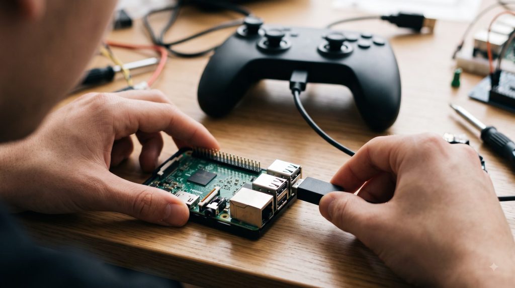 Plugging the PS3 controller USB cable into a Raspberry Pi to pair it