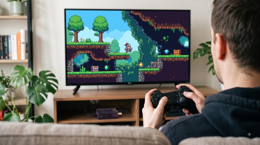 Playing a retro platformer on a TV with a PS3 controller connected to Raspberry Pi